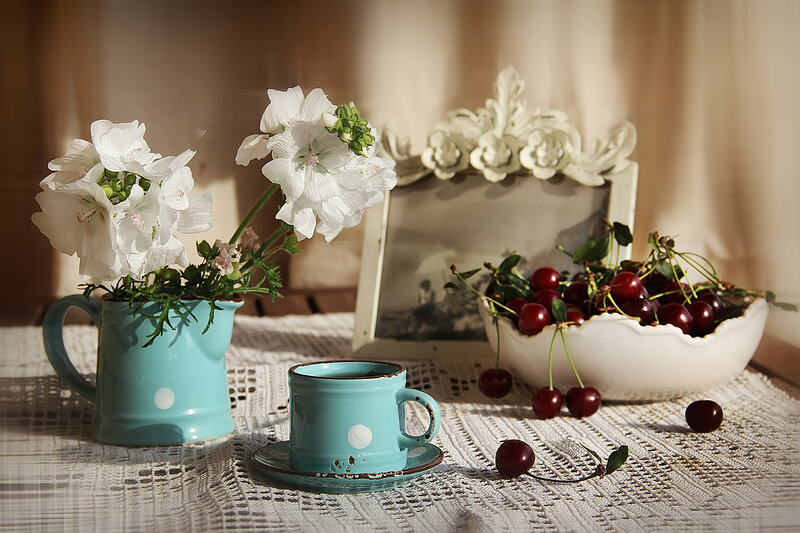 White Flowers and Cherries