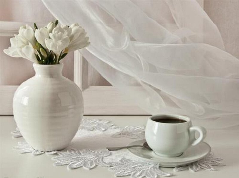 White Flowers and Coffee Cup