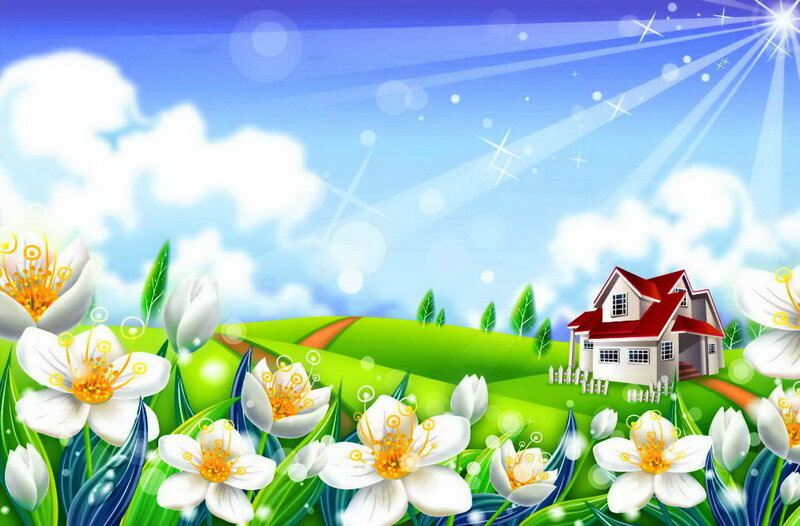 White Flowers and House — Blue
