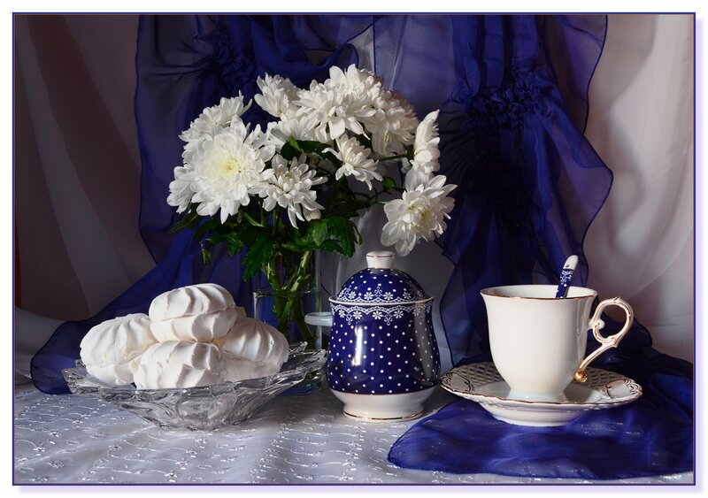 White Flowers and Tea Set — Blue