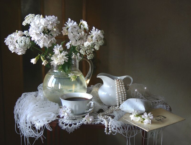 White Flowers and Tea Set — Serene, Photograph, Tea Cup