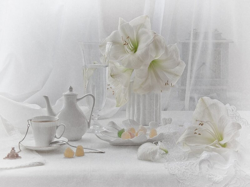 White Flowers and Tea Set — Serene, Photograph, Teapot