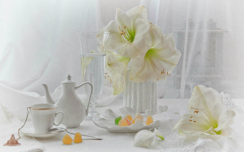 White Flowers and Tea Set — Serene, Photograph