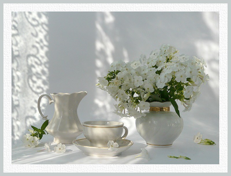 White flowers and tea set