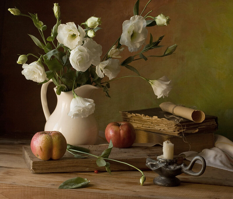 White Flowers in a Pitcher — Brown