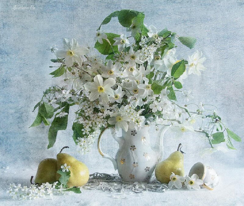 White Flowers in a Pitcher — Serene, Painting