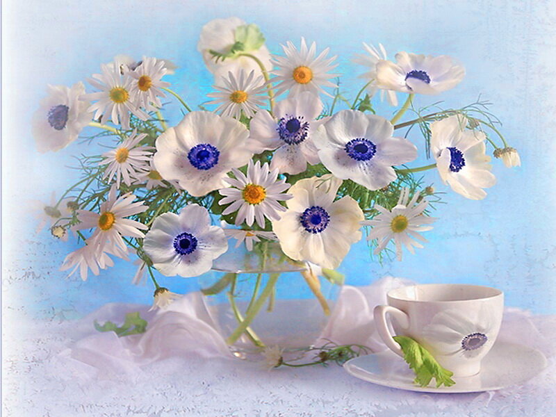 White Flowers in a Vase — Blue