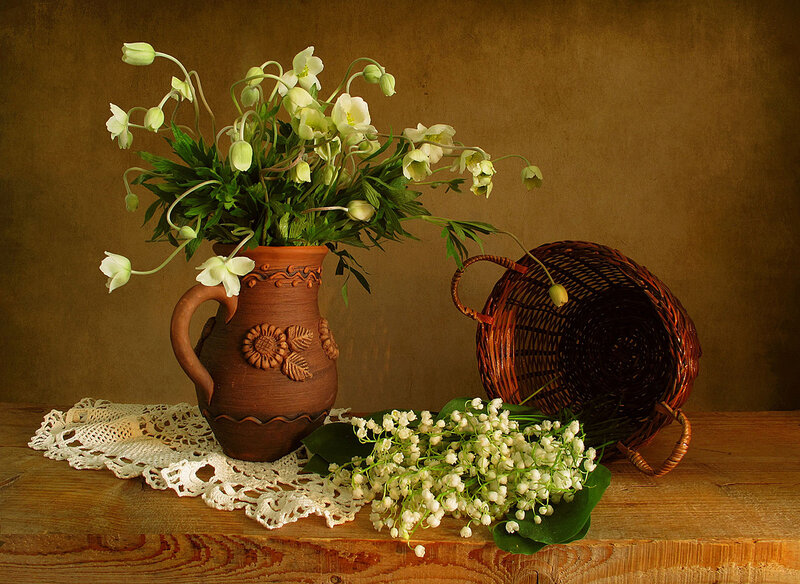 White Flowers in a Vase — Brown
