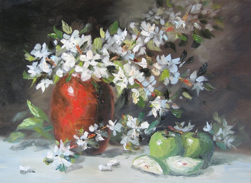 White Flowers in a Vase — Red