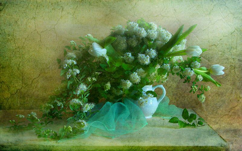 White Flowers in a Vase — Serene, Painting, Green Cloth