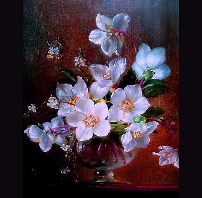 White Flowers in a Vase — Serene, Painting, Leaves