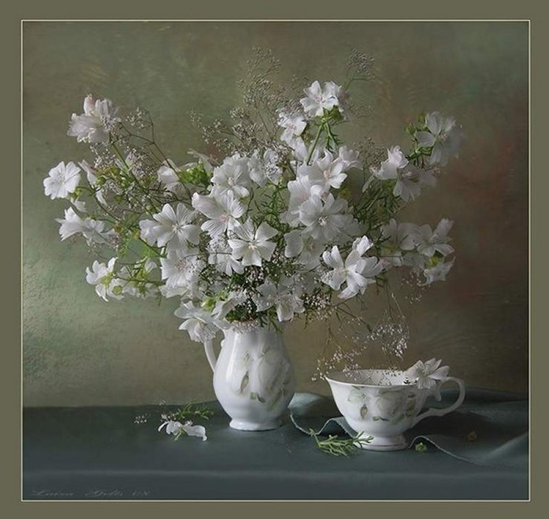 White Flowers in a Vase — Serene, Painting