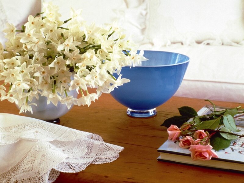 White Flowers in a Vase — Serene, Photograph, Blue Bowl
