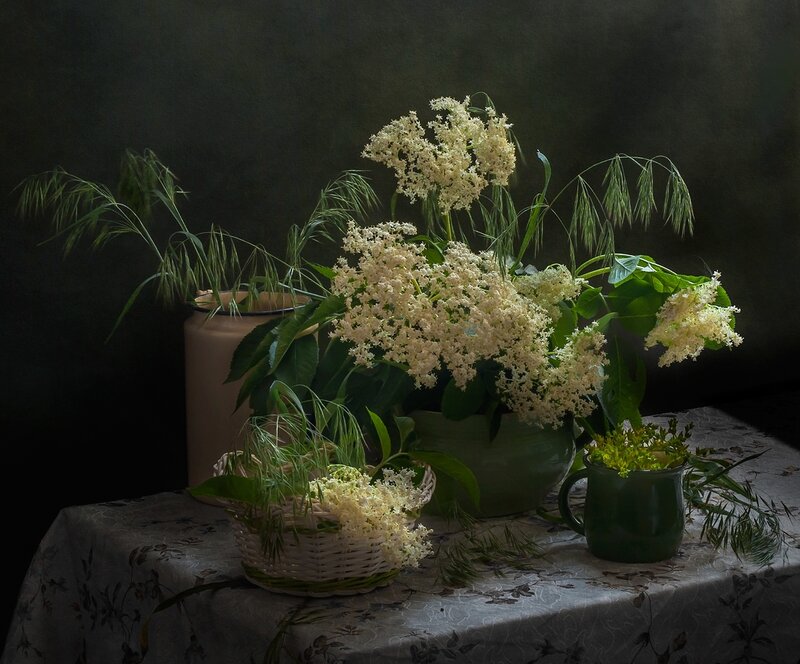 White Flowers in Baskets