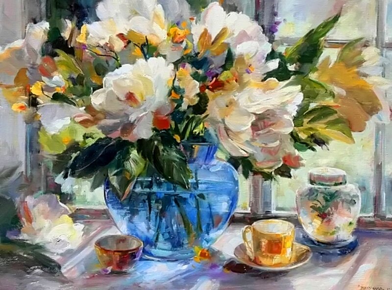 White Flowers in Blue Vase — Calm