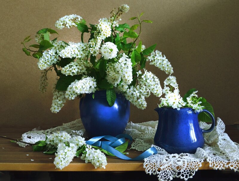 White Flowers in Blue Vases