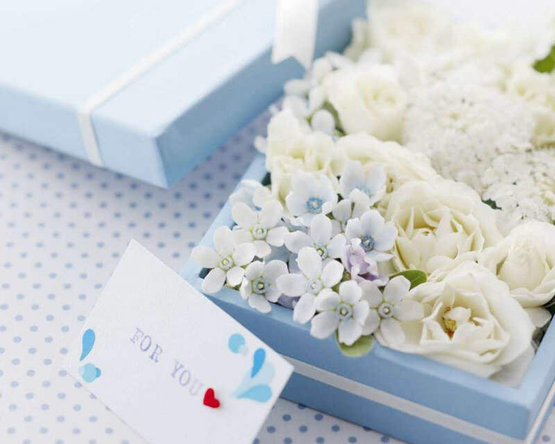 White Flowers in Box — Blue, Calm, Photograph, Gift Box