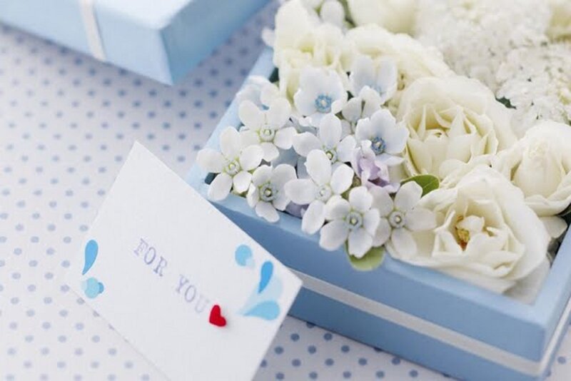 White Flowers in Box — Blue, Calm, Photograph