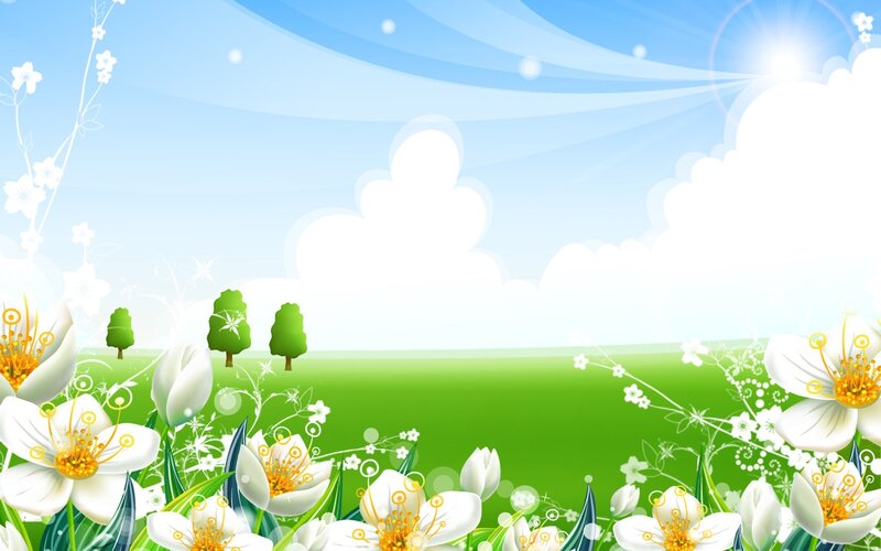 White Flowers in Field — Green, Serene, Afternoon, Digital Art
