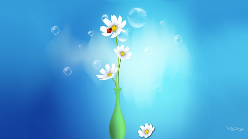 White Flowers in Green Vase — Blue