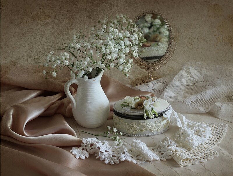 White Flowers in Pitcher — Beige