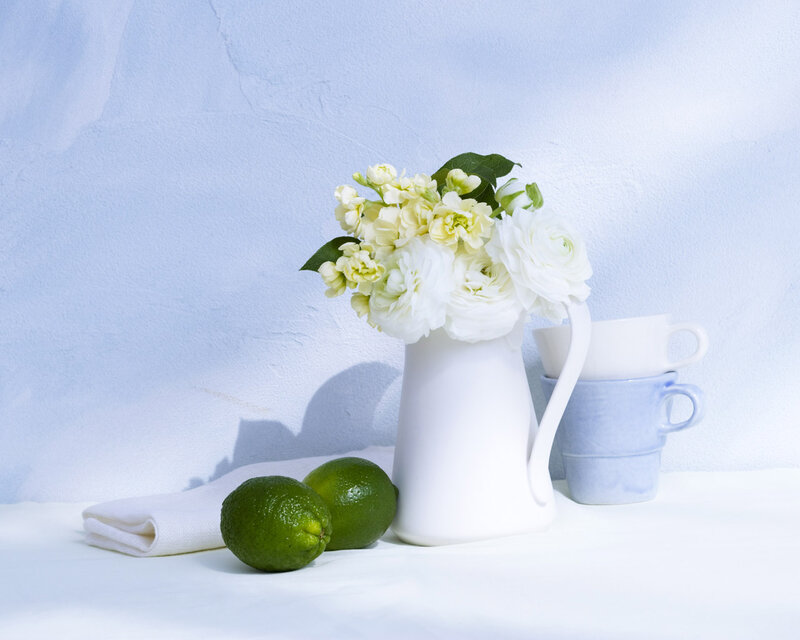 White Flowers in Pitcher — Serene, Morning