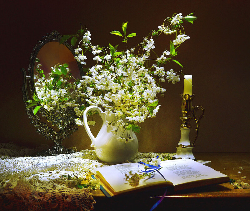White Flowers in Pitcher — Serene, Night