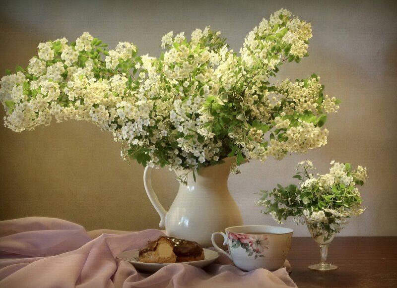 White Flowers in Pitcher — Serene, Photograph, Donut