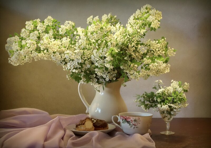 White Flowers in Pitcher — Serene, Photograph, Pastry