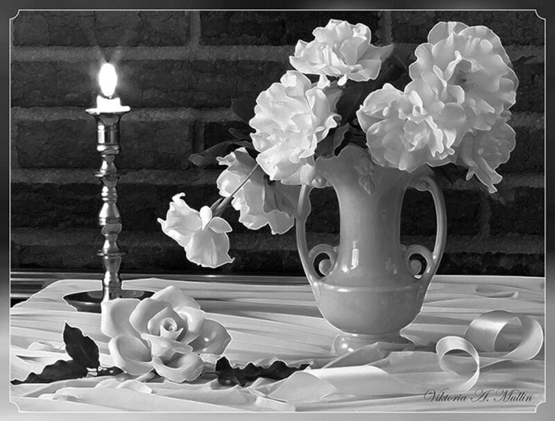 White Flowers in Vase — Black