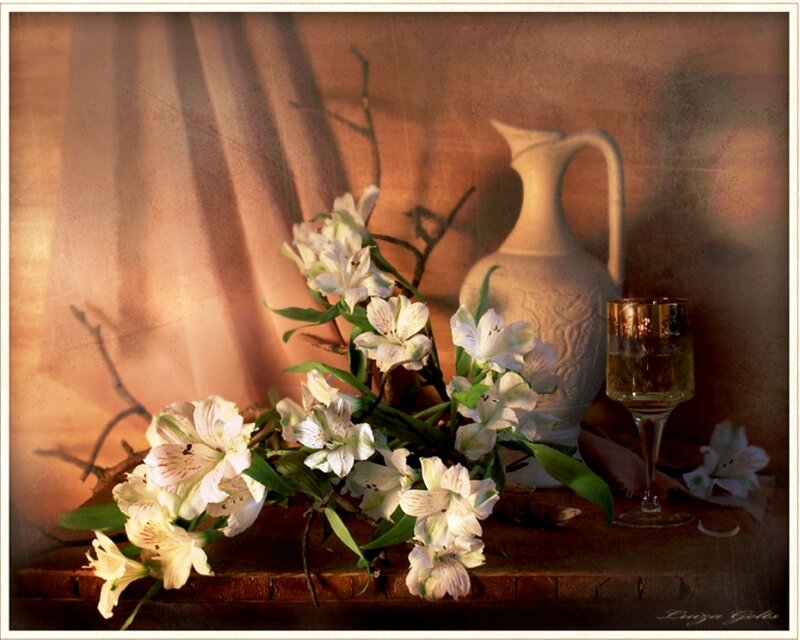 White Flowers in Vase — Brown, Serene, Sunset