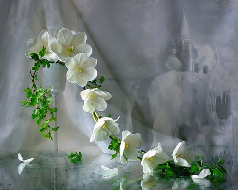 White Flowers in Vase — Serene, Digital Art