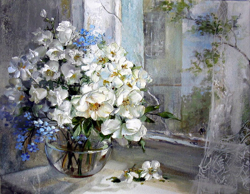 White Flowers in Vase — Serene, Morning, Painting