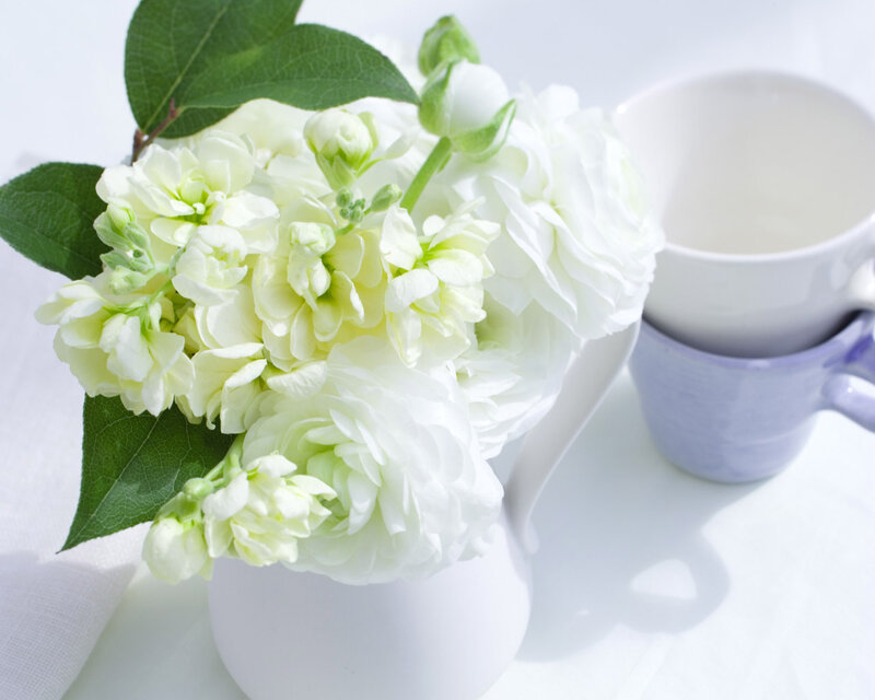 White Flowers in Vase — Serene, Morning, Photograph, Mugs