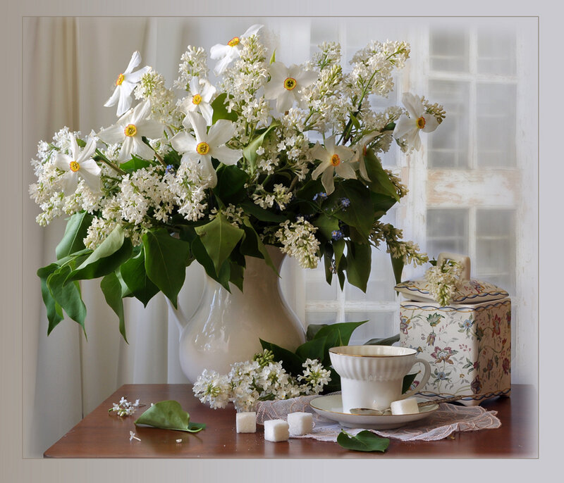 White Flowers in Vase — Serene, Morning, Photograph, Tea Cup