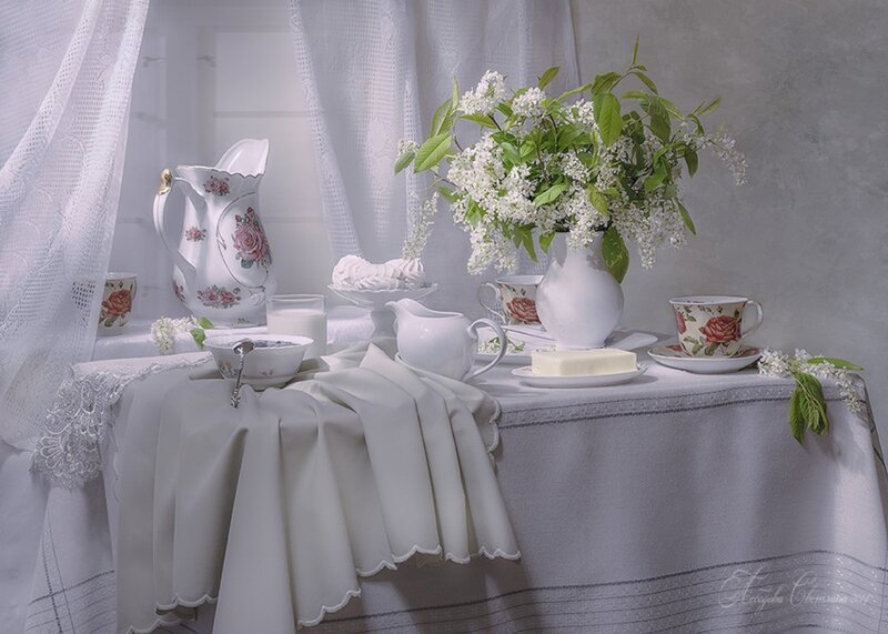 White Flowers in Vase — Serene, Morning, Photograph, Teacups