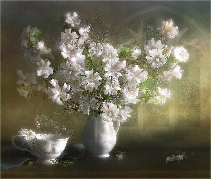 White Flowers in Vase — Serene, Painting, Teacup, Stained Glass
