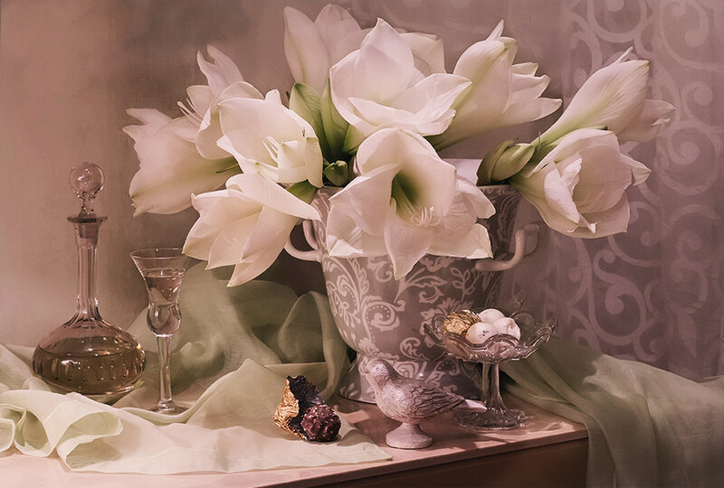 White Flowers in Vase — Serene, Photograph, Glass Decanter