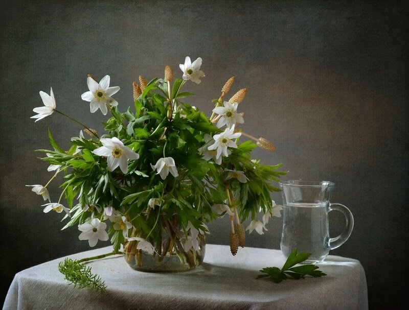 White Flowers in Vase — Serene, Photograph, Glass Pitcher