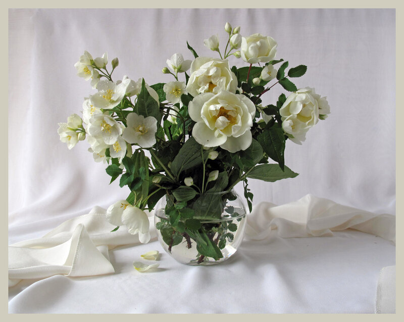 White Flowers in Vase — Serene, Photograph, Green Leaves