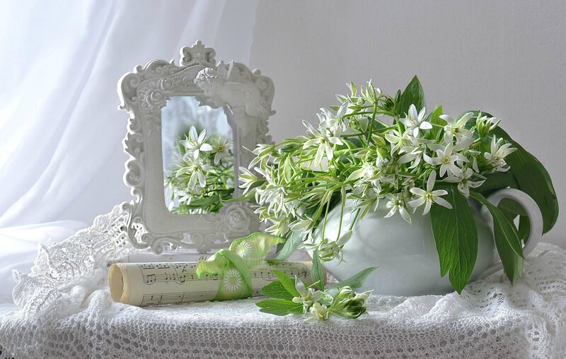 White Flowers in Vase — Serene, Photograph, Mirror