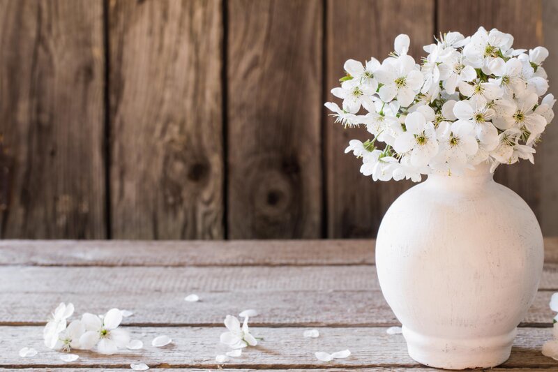 White Flowers in Vase — Serene, Photograph, Wooden Table