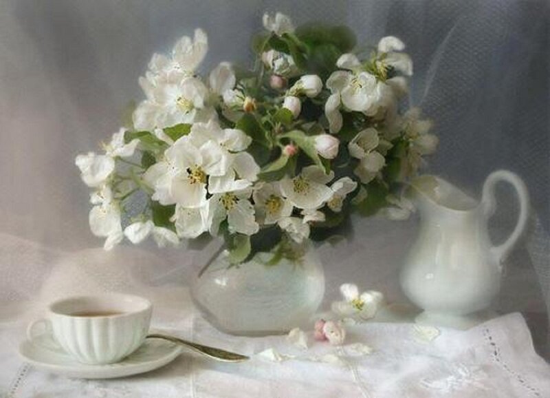 White Flowers in Vase — Serene, Spring, Photograph, Cup and Saucer