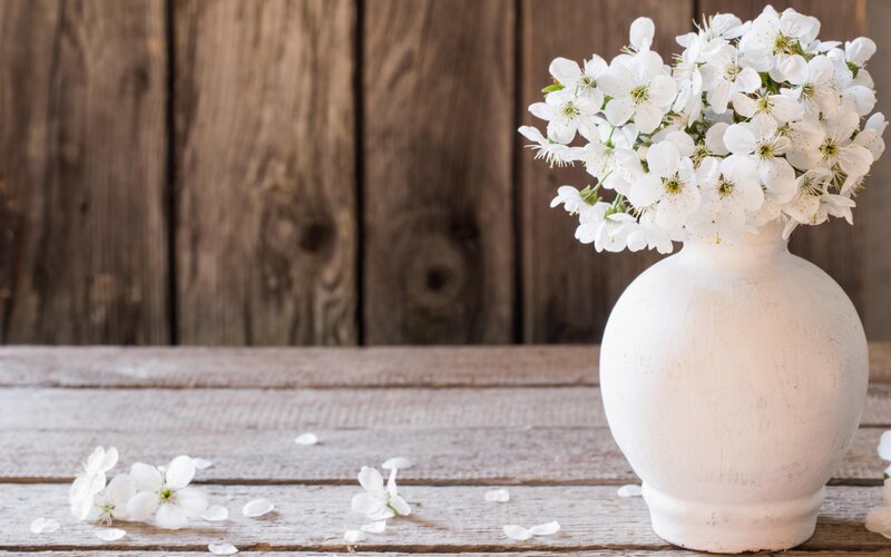 White Flowers in Vase — Serene, Spring, Photograph, Wooden Table