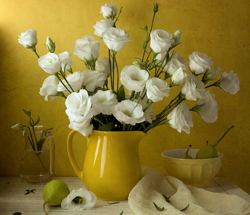 White Flowers in Yellow Pitcher