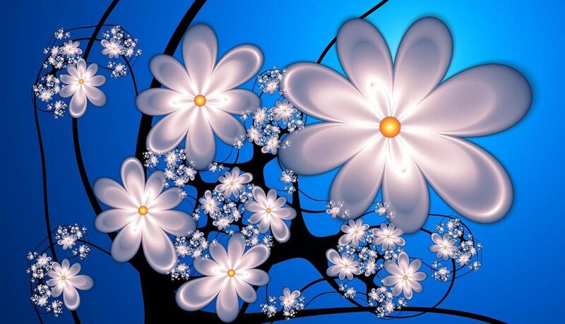 White Flowers on Blue Background — Serene, Digital Art, Branches