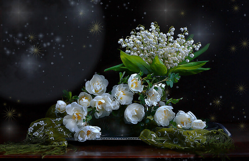 White flowers on dark background