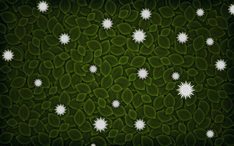 White Flowers on Green Leaves — Calm, Digital Art