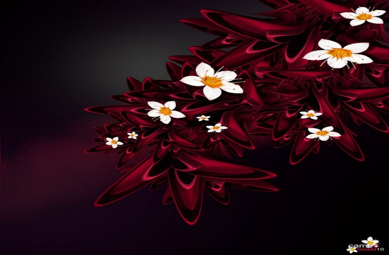 White Flowers on Red Leaves — Dramatic, Digital Art