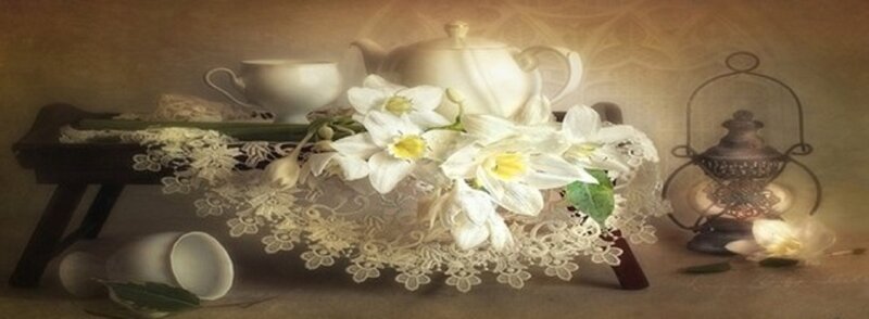 White Flowers on Table — Serene, Painting